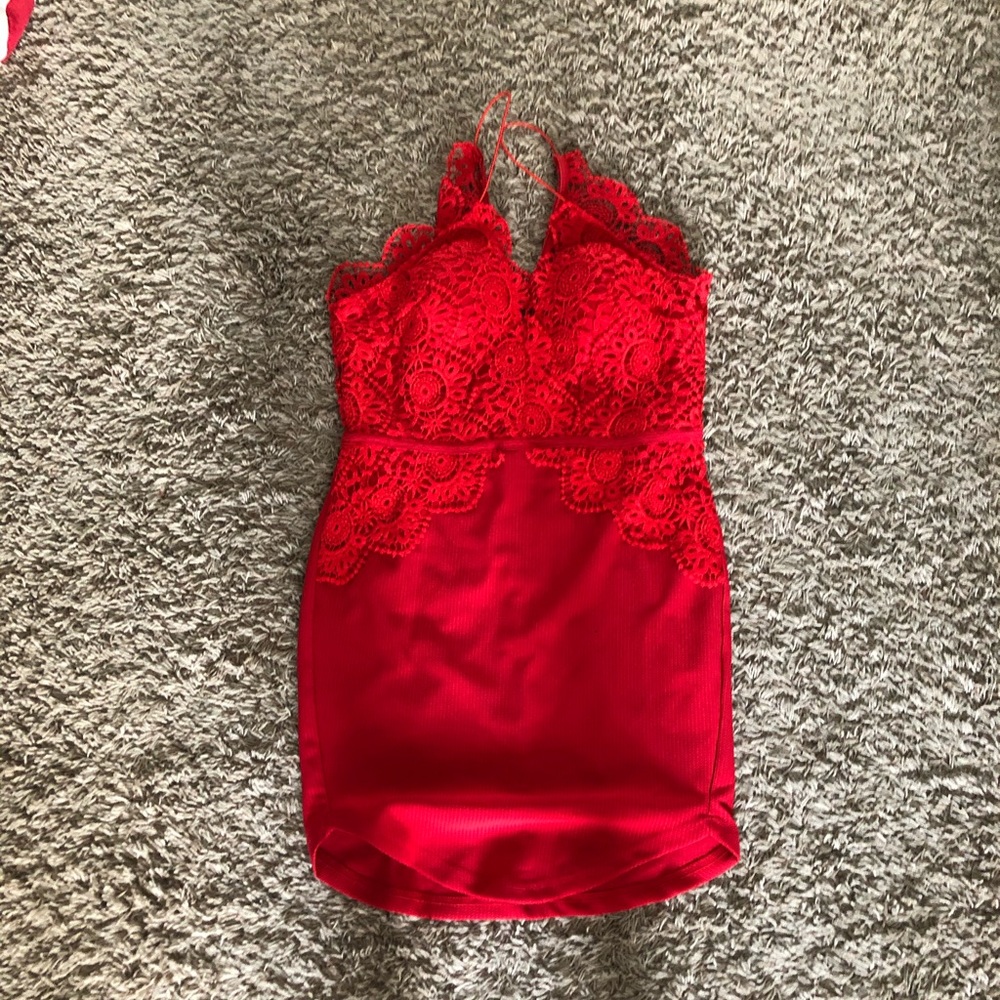 Short red laced stretchy dress w/ see thru back